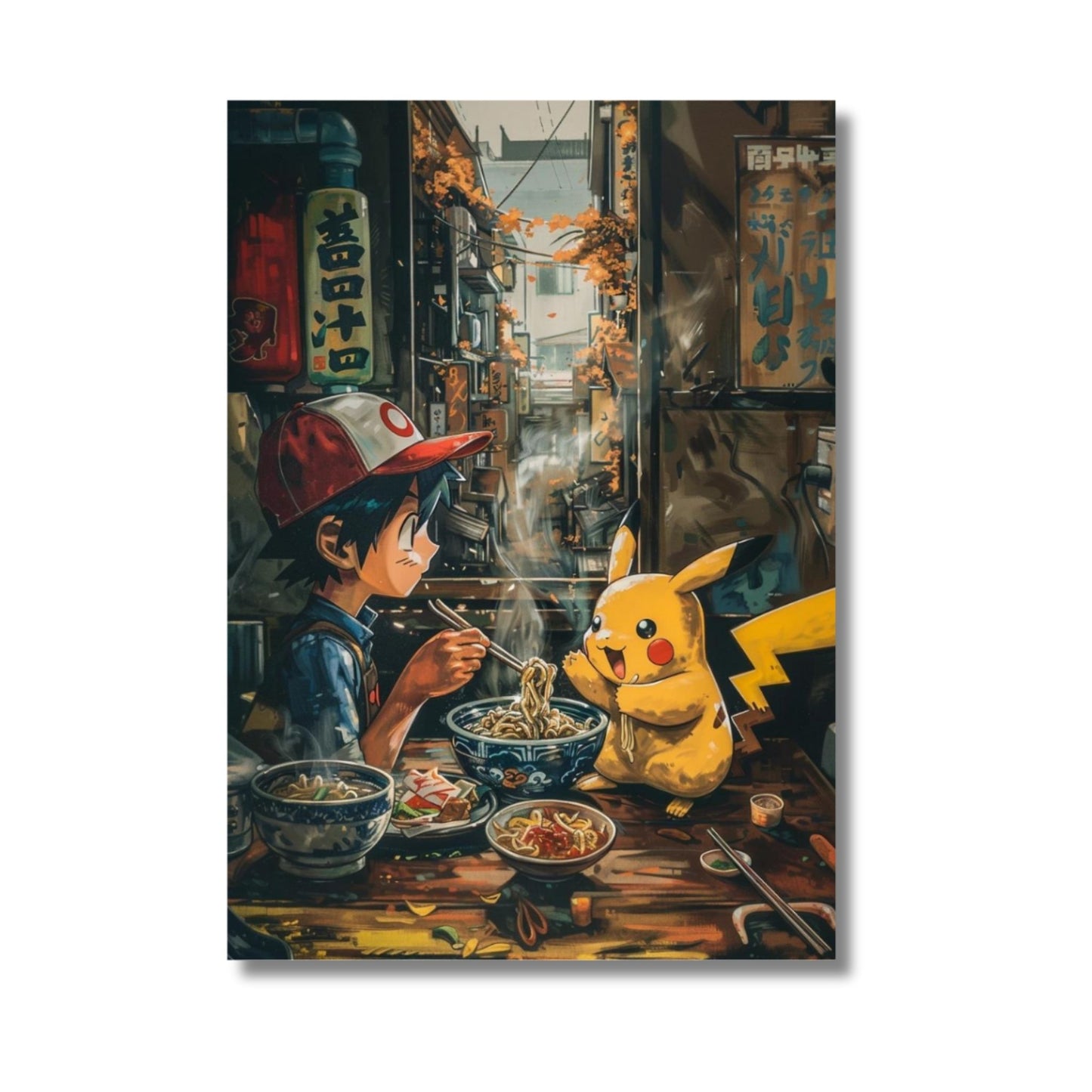 Pokémon Trainer Ash with Pikachu Eating Ramen – Canvas Wall Art – 21 x 30 cm (8.3 x 11.7 in)